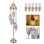 Turkish Floor Lamp, Moroccan Bohemian Style Living Room Decor, Handcrafted Mosaic Metal Base, Includes 5 Olive Shape Lampshades