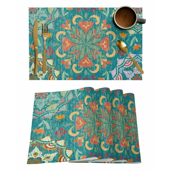 Turkish Flower Placemats Set of 12 Vintage Abstract Geometric Ethnic Teal Heat Insulation Washable Place Mats, Rustic Non-Slip Table Mats for Dining Table Party Kitchen Decor,13x19 Inch