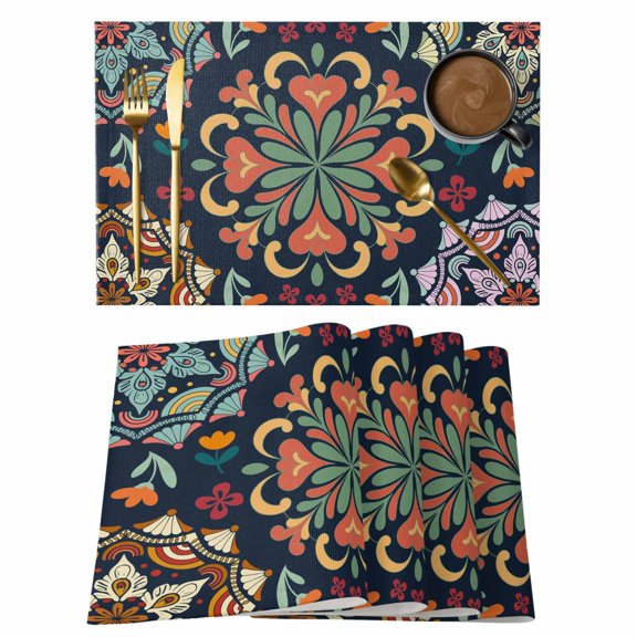 Turkish Flower Placemats Set of 1, Vintage Abstract Non-Slip Place Mats Washable Table Mats for Kitchen Dining Table Decorations Indoor/Outdoor