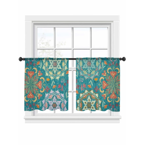 Turkish Flower Sheer Curtains 54 Inch Long 2 Panels, Vintage Abstract Geometric Ethnic Teal Light Filtering Rod Pocket Semi Sheer Curtains, Sheer Voile Drapes for Living Room Bedroom, 52"x54"