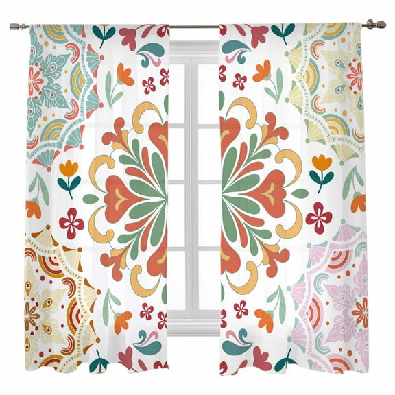 Turkish Flower Sheer Curtains 63 inches Long, Colorful Vintage Abstract Geometric Ethnic Light Filtering Sheer Window Curtains Rod Pocket Voile Drapes for Bedroom Living Room, 52"W x 63"L 2 Panels