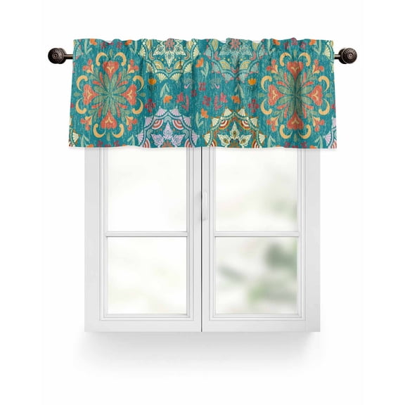 Turkish Flower Valances for Windows Vintage Abstract Geometric Ethnic Teal Valance Rod Pocket Light Filtering Short Window Treatments Curtains for Kitchen Bathroom Living Room Bedroom, 42 x 18 Inch