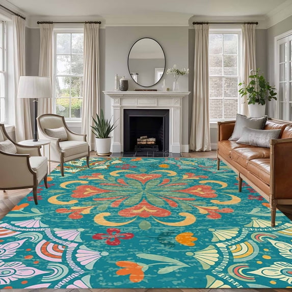 Turkish Flower Washable Living Room Rugs 5'x7', Vintage Abstract Low Pile Throw Large Area Rugs Non-Slip Sturdy Edge Binding Carpet for Dining Room Bedside Kitchen