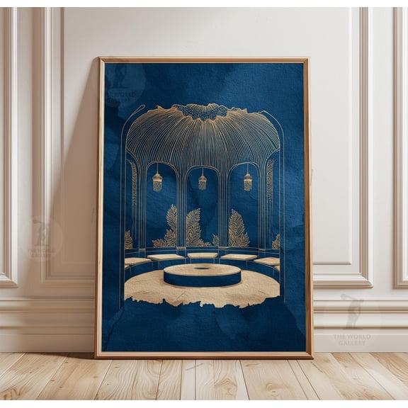 Turkish Hammam Poster Blue Architectural Interior Illustration Minimal Bathhouse Wall Art
