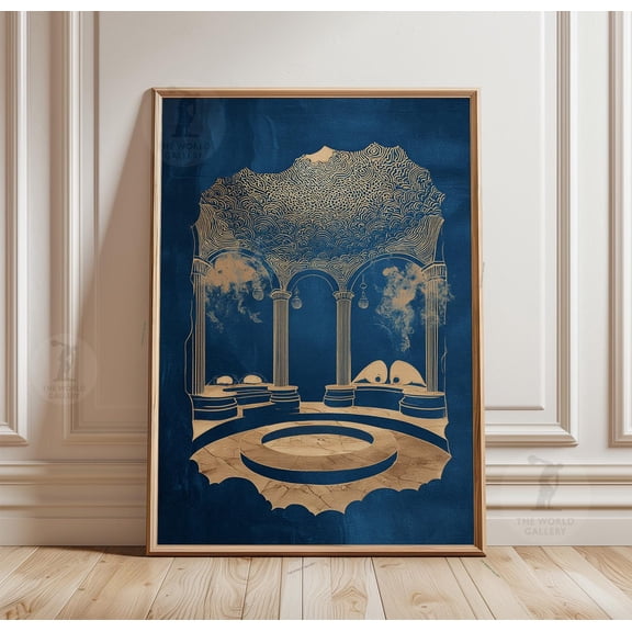 Turkish Hammam Poster Blue Architectural Interior Illustration Minimal Bathhouse Wall Art