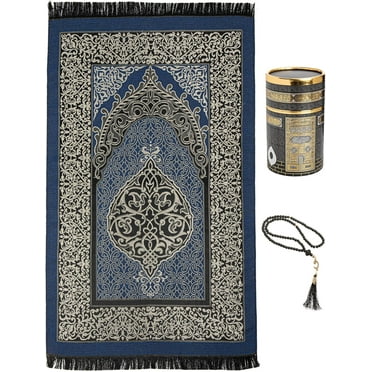 Turkish Islamic Prayer Mat | Thin Woven Chenille Janamaz Sajada | Gift Ramadan Eid with Tesbih Prayer Beads | Ottoman Rug with Cylinder Gift Box Set (Blue)