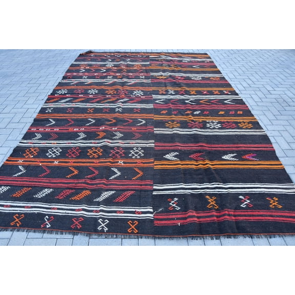Turkish Kilim, Black Kilim, 7.9x12 ft Oversize Kilim, Office Kilim, Vintage Kilim, Rugs For Antique, Rug Kilim, Oriental Kilim