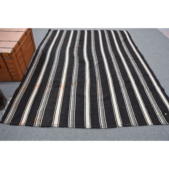 Turkish Kilim, Vintage Kilim, Large Kilim, Oushak Kilim, 83x106 inches Black Kilim, Handmade Kilim, Living Room Kilim, 11487