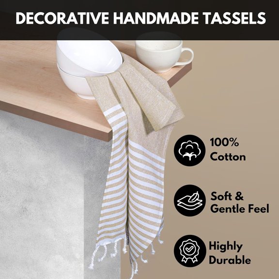 Turkish Kitchen Towels 18x26 Inches with Tassels - 4 Pack - Absorbent, Durable, Soft 100% Cotton Dish Towels for Drying & Cleaning - Machine Washable, Quick Dry - Beige