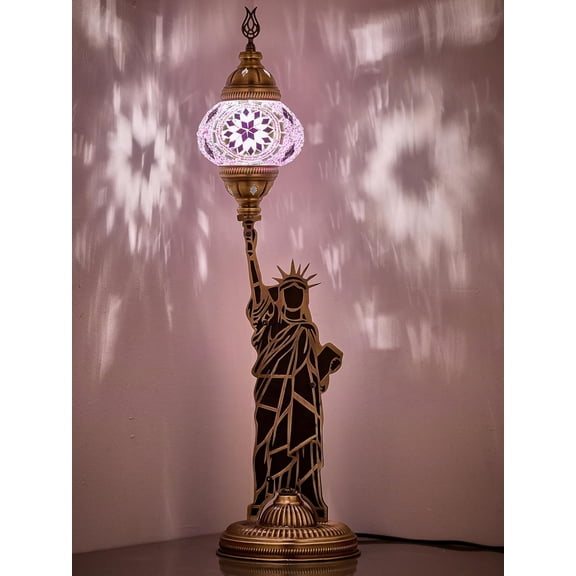 Turkish Lamp, 27" Tall Statue of Liberty Mosaic Table Lamp, Handmade Moroccan Bedside Lamp, Tiffany-Style Colorful Glass & Metal, Unique Decor for Bedroom or Living Room, Brass-Lilac