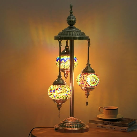 Turkish Lamp 3 Globes Moroccan Table Lamp 28 Tall Handcrafted Mosaic Glass Ambient Light with Metal Base Perfect for Boho Decor Living Room Bedroom Including LED Bulbs
