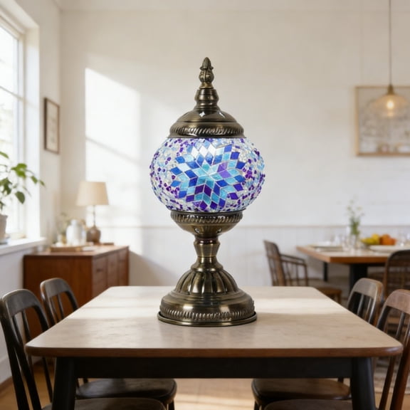 Turkish Lamp Stained Glass Lamp with Tiffany Style, Handmade Moroccan Table Lamps Vintage with Mosaic Glass&Swan Neck Bronze Base Including LED Bulb for Living Room Bedroom Decor (Colorful)