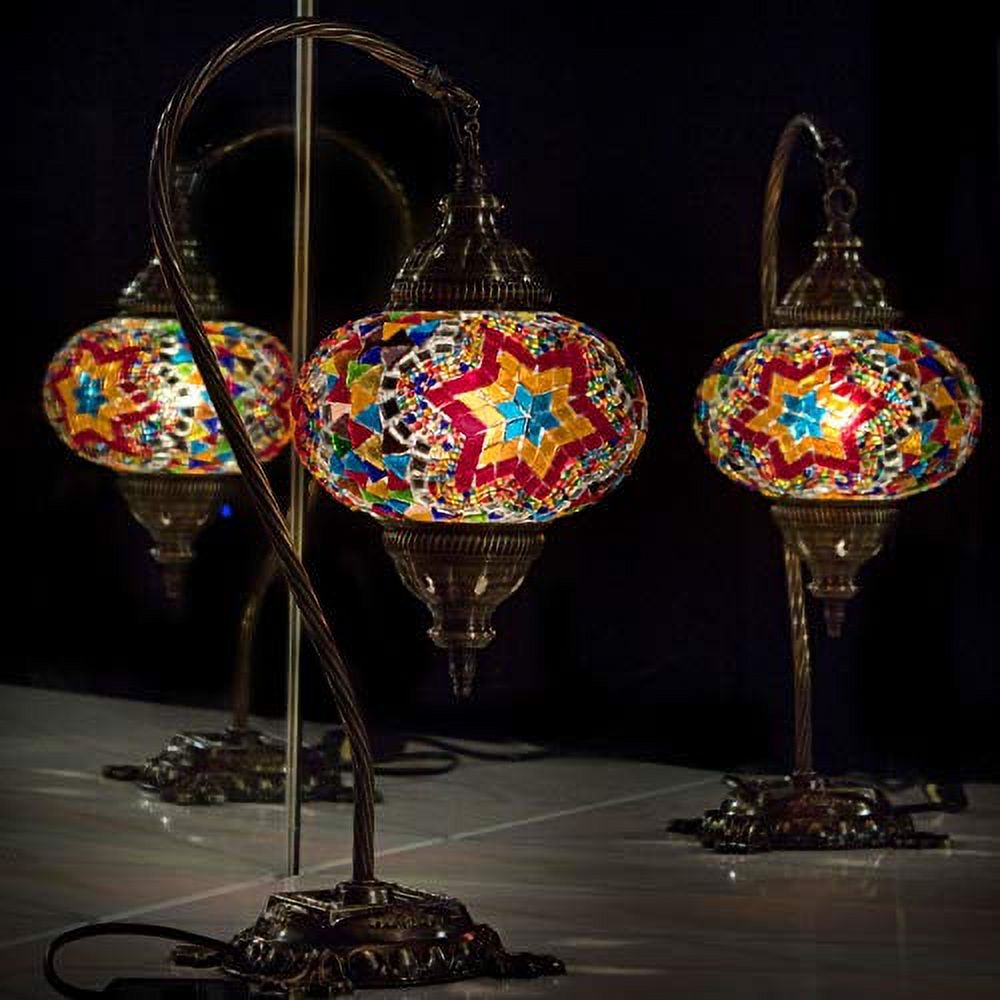 Turkish Lamp, Tiffany Lamp 2021 Mosaic Stained Glass Boho Moroccan Lantern Table Lamp, Swan Neck Handmade Desk Lighting Night Decor Light, Antique Color Body with US Plug & Socket by LaModaHome - image 1 of 3
