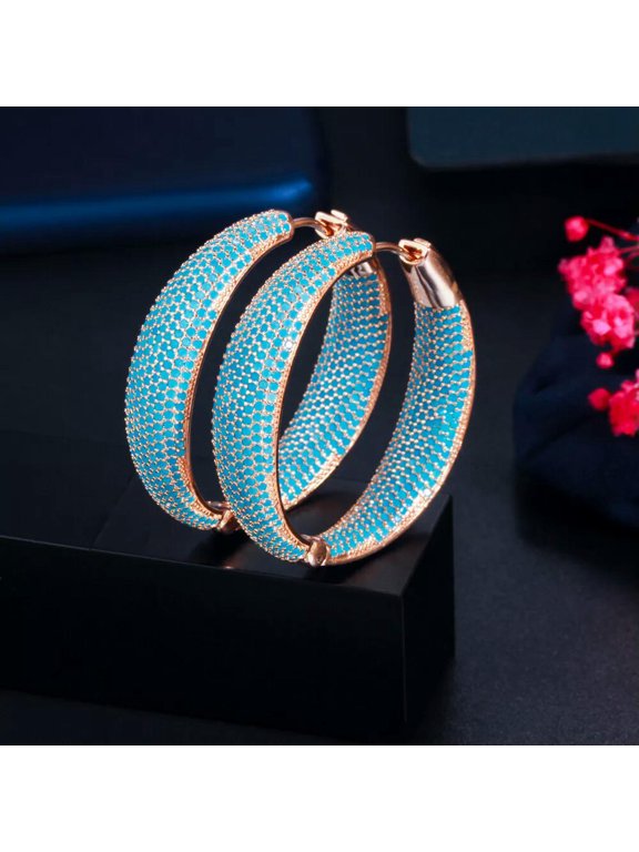 Turkish Light Blue Cubic Zircon Big Loop Hoop Earring for Women Fashion Jewelry