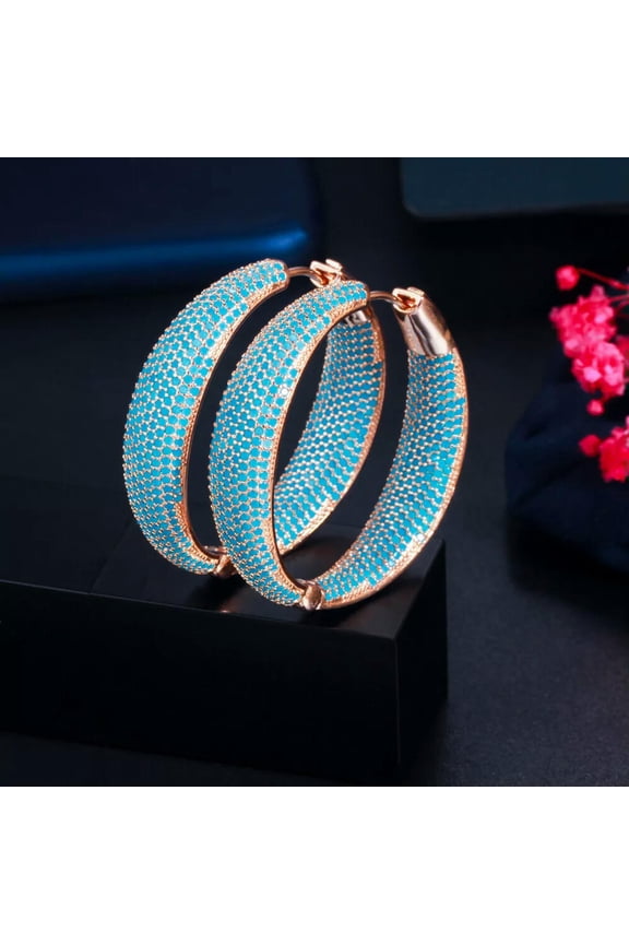 Turkish Light Blue Cubic Zircon Big Loop Hoop Earring for Women Fashion Jewelry