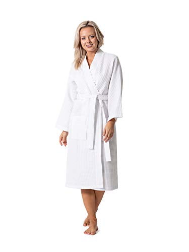 Waffle Knit Lightweight Kimono Spa & Bath Robes for Women - Quick Dry - Soft (White, Large)