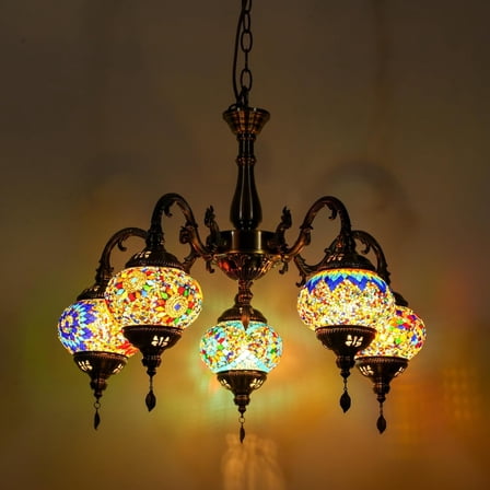 Turkish Moroccan Chandelier 5-Globes Pendant Hanging Light Exquisite Tiffany Style Mosaic Lamp for Home Ambient Lighting