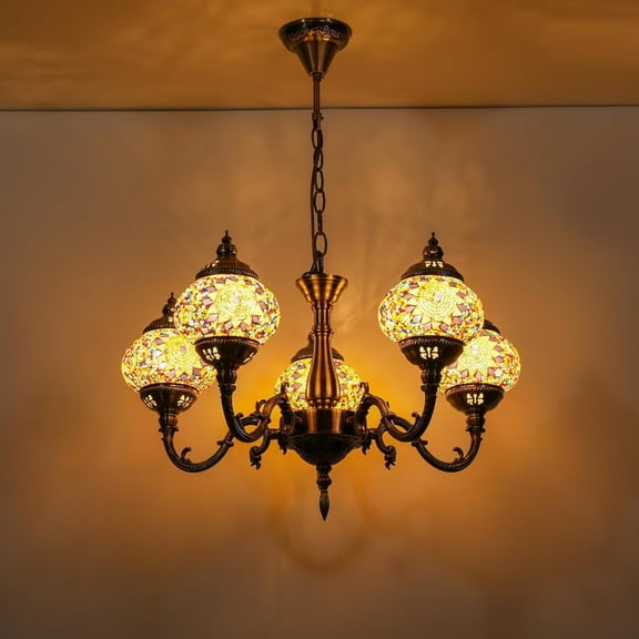 Turkish Moroccan Chandelier 5-Globes Pendant Hanging Light Exquisite Tiffany Style Mosaic Lamp for Home Ambient Lighting