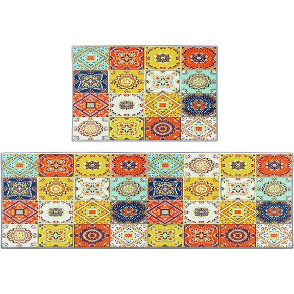 Turkish Moroccan Kitchen Rugs and Mats Non Skid Washable Set of 2, Spanish Flower Yellow Red Kitchen Runner Rug, Farmhouse Boho Kitchen Floor Mat Under Sink Mat Throw Rug for Doormat