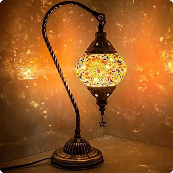 Turkish Moroccan Lamp with Bronze Base 3 Color Options Handmade Swan Neck Tiffany Mosaic Glass Bedside Lamps for Bedroom (LED Bulb Included)(4)