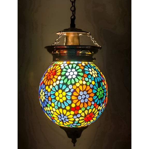 CLASSICO Turkish Mosaic Glass Pendant Ceiling Light, Handcrafted Multicolor Glass Shade, E26 Base