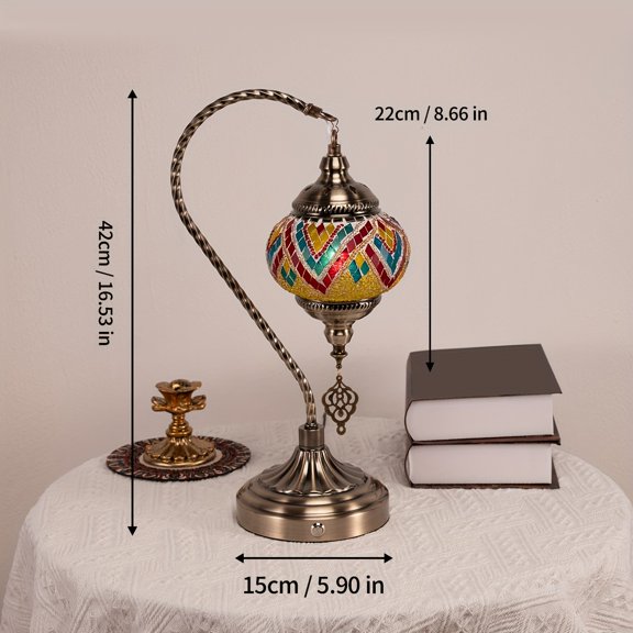 Turkish Moroccan Mosaic Glass Swan Neck Table Lamp, Bohemian Bedside Night Light, 5000mAh Rechargeable, 3-Color Dimmable, for Bedroom Living Room Study Bar Decor