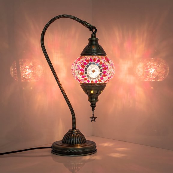 Turkish Moroccan Mosaic Glass Table Lamp, Handmade Swan Neck Bedside Lamp with Bronze Base, 3 Color Changing LED Accent Light for Bedroom, Living Room and Home Decor