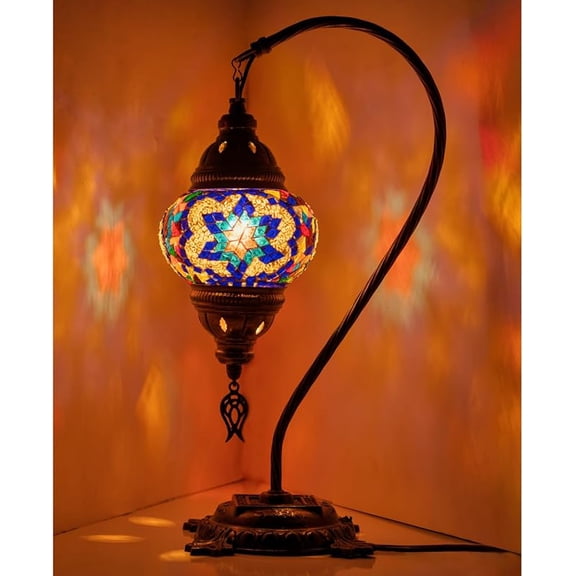 Turkish Moroccan Mosaic Lamp – Handmade Glass Swan Neck Bedside Lamp with Antique Brass Base, Ideal Decor for Bedroom, Office, Living Room – Bulb Included (Red & Navy Center Star)