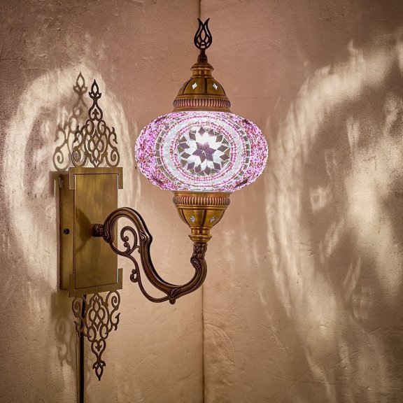 Turkish Moroccan Mosaic Plug-in Wall Sconce Lamp, Handmade Tiffany-Style Glass Globe, Ornate Brass Base, 5.2-ft Cord, Decorative Lighting for Living Room, Bedroom, Dining Room, 15x5 in (Lilac)