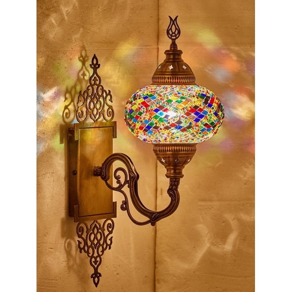 Turkish Moroccan Mosaic Plug-in Wall Sconce Lamp, Handmade Tiffany-Style Glass Globe, Ornate Brass Base, 5.2-ft Cord, Decorative Lighting for Living Room, Bedroom, Dining Room, 15x5 in (Multi-Color)