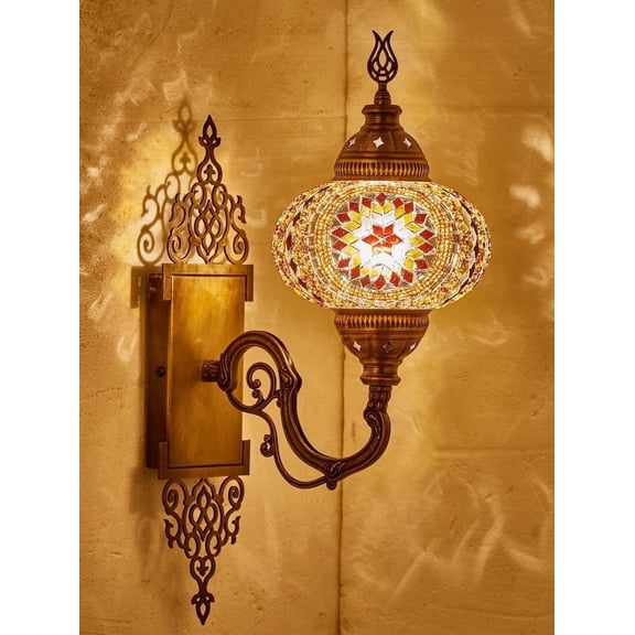 Turkish Moroccan Mosaic Plug-in Wall Sconce Lamp, Handmade Tiffany-Style Glass Globe, Ornate Brass Base, 5.2-ft Cord, Decorative Lighting for Living Room, Bedroom, Dining Room, 15x5 in (Brown-Amber)