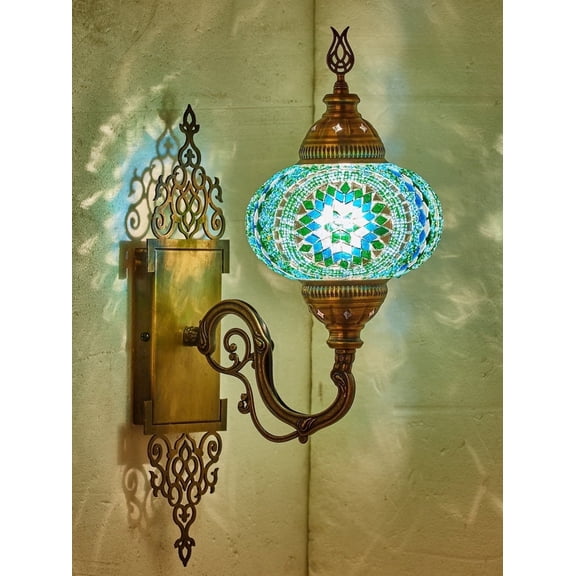 Turkish Moroccan Mosaic Plug-in Wall Sconce Lamp, Handmade Tiffany-Style Glass Globe, Ornate Brass Base, 5.2-ft Cord, Decorative Lighting for Living Room, Bedroom, Dining Room, 15x5 in (Turquoise)