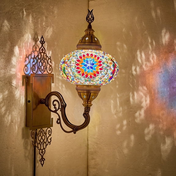 Turkish Moroccan Mosaic Plug-in Wall Sconce Lamp, Handmade Tiffany-Style Glass Globe, Ornate Brass Base, 5.2-ft Cord, Decorative Lighting for Living Room, Bedroom, Dining Room, 15x5 in (Colorful)