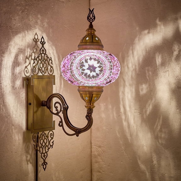 Turkish Moroccan Mosaic Plug-in Wall Sconce Lamp, Handmade Tiffany-Style Glass Globe, Ornate Brass Base, 5.2-ft Cord, Decorative Lighting for Living Room, Bedroom, Dining Room, 15x5 in (Lilac)