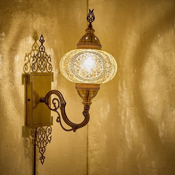 Turkish Moroccan Mosaic Plug-in Wall Sconce Lamp, Handmade Tiffany-Style Glass Globe, Ornate Brass Base, 5.2-ft Cord, Decorative Lighting for Living Room, Bedroom, Dining Room, 15x5 in (Gold)
