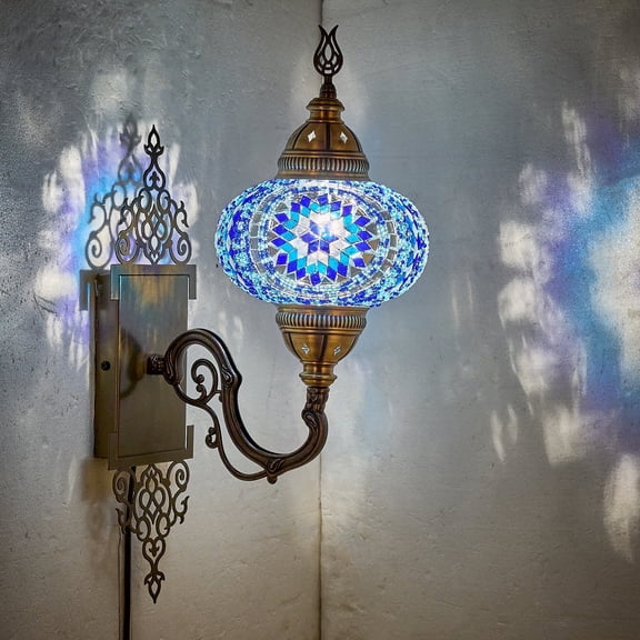 Turkish Moroccan Mosaic Plug-in Wall Sconce Lamp, Handmade Tiffany-Style Glass Globe, Ornate Brass Base, 5.2-ft Cord, Decorative Lighting for Living Room, Bedroom, Dining Room, 15x5 in (Blue)