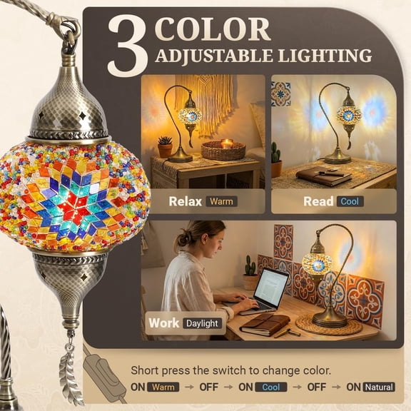 Turkish Moroccan Mosaic Table Lamp - 19 Tiffany Style Bedside Light with Bronze Base, 3 Color Options LED, Handmade Boho Accent Lighting (Multicolor1)