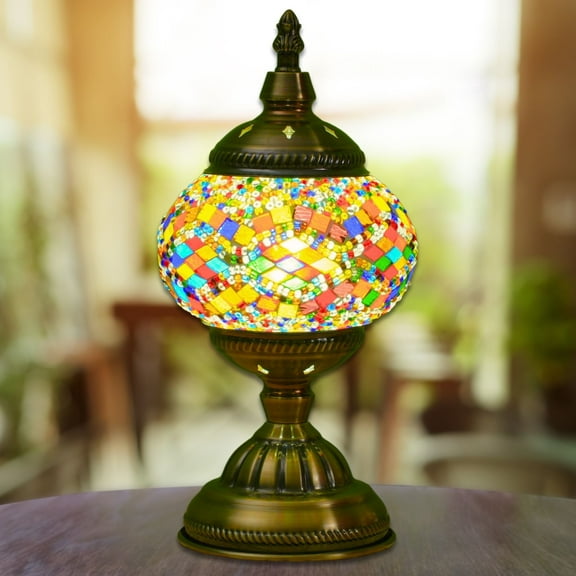 Turkish Moroccan Mosaic Table Lamp, Handcrafted Glass Bedside Night Light, Includes Bulb with Three Adjustable Colors, Metal Base, Perfect for Bedroom and Living Room Decor,