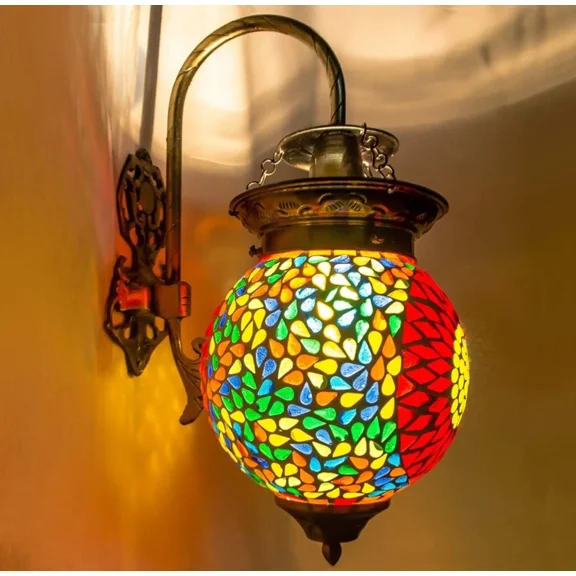 CLASSICO Handcrafted Turkish Mosaic Glass Wall Lamp with Hanging Bracket, Multicolor Moroccan Accent Light for Hallway, Bedroom & Living Room