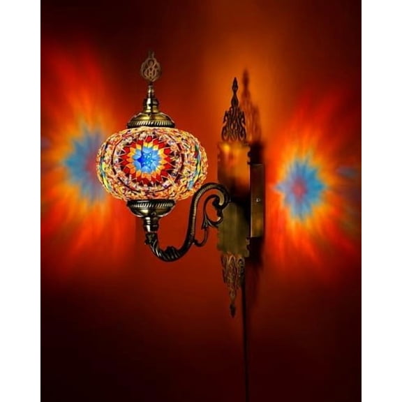 Turkish Moroccan Plug in Wall Sconce Lamp with 3.9Foot Cord Handmade Turkish Wall Sconce Lamp with Cut Glass Beads Decorated Brass Base Bohemian Moroccan Lights for Home(Colorful)