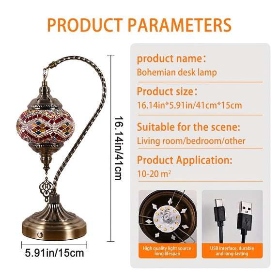 Turkish-Moroccan Portable Lamp, Metal Base, 3600mAh Battery, Handcrafted Swan Neck, Color Changing Mosaic Glass Shade, Ideal for Bedroom Living Room
