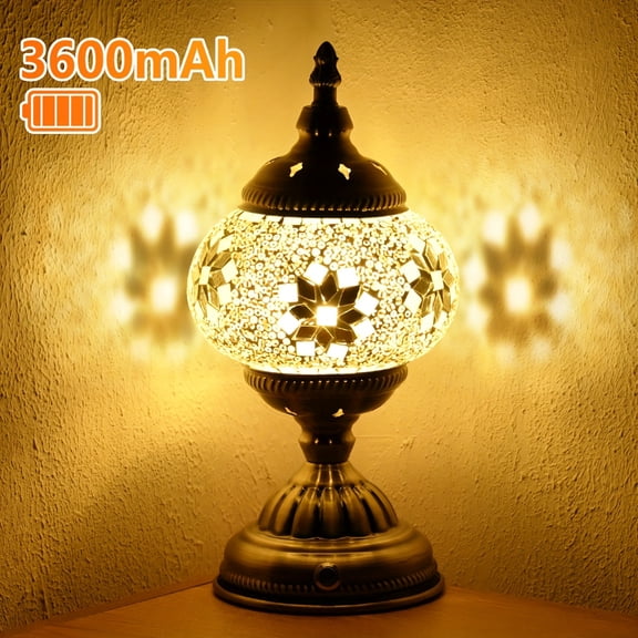 Turkish Moroccan Portable Table Lamp, Bohemian Mosaic Glass Night Light, 3600mAh Battery-Powered Wireless Lamp, Bulb Included for Bedroom Living Room Patio Halloween Christmas Gift