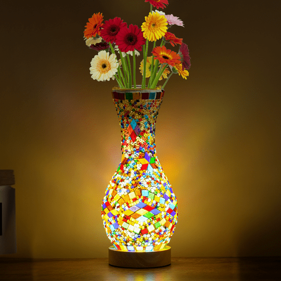 Turkish Moroccan Style Mosaic Table Lamp with USB Power - Colorful Glass Vase Light for Living Room or Bedroom Decor