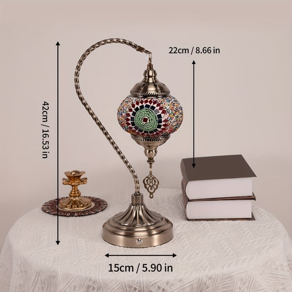 Turkish Moroccan Swan Neck Table Lamp, Mosaic Colored Glass, Bohemian Night Light, 5000mAh Rechargeable, 3-Color Dimmable, Ideal for Bedroom, Living Room, Study & Bar Decor