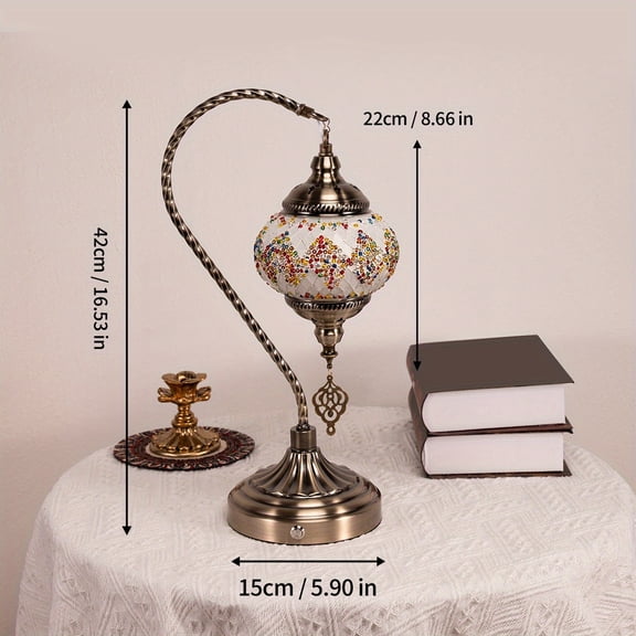 Turkish Moroccan Swan Neck Table Lamp, Mosaic Colored Glass, Bohemian Night Light, 5000mAh Rechargeable, 3-Color Dimmable, Ideal for Bedroom, Living Room, Study & Bar Decor
