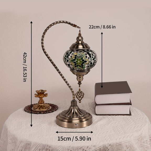 Turkish Moroccan Swan Neck Table Lamp, Mosaic Colored Glass, Bohemian Night Light, 5000mAh Rechargeable, 3-Color Dimmable, Ideal for Bedroom, Living Room, Study & Bar Decor