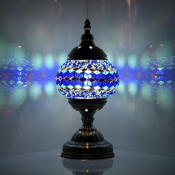 Turkish Moroccan Table Lamp Lantern with Handmade Mosaic Glass Lampshade Tiffany Style Bohemian Stained Glass Decorative Desk Lamps Bedside Night Lights for Bedroom (Multiple Blues)