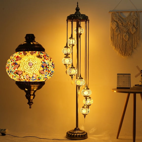 Turkish Mosaic Floor Lamp - 9 Globe Handmade Standing Lamp, 74in Height, 5.2in Globes, Decorative Moroccan Style for Home Decor, Easy Installation, On/Off Button, Included E12 Bulb
