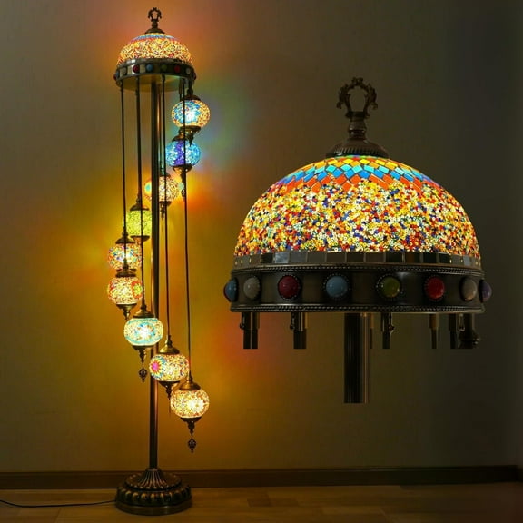 Turkish Mosaic Floor Lamp with Improved Lampshade and 9 Spheres, up to 77 inches, perfect for creating an artistic and gorgeous atmosphere