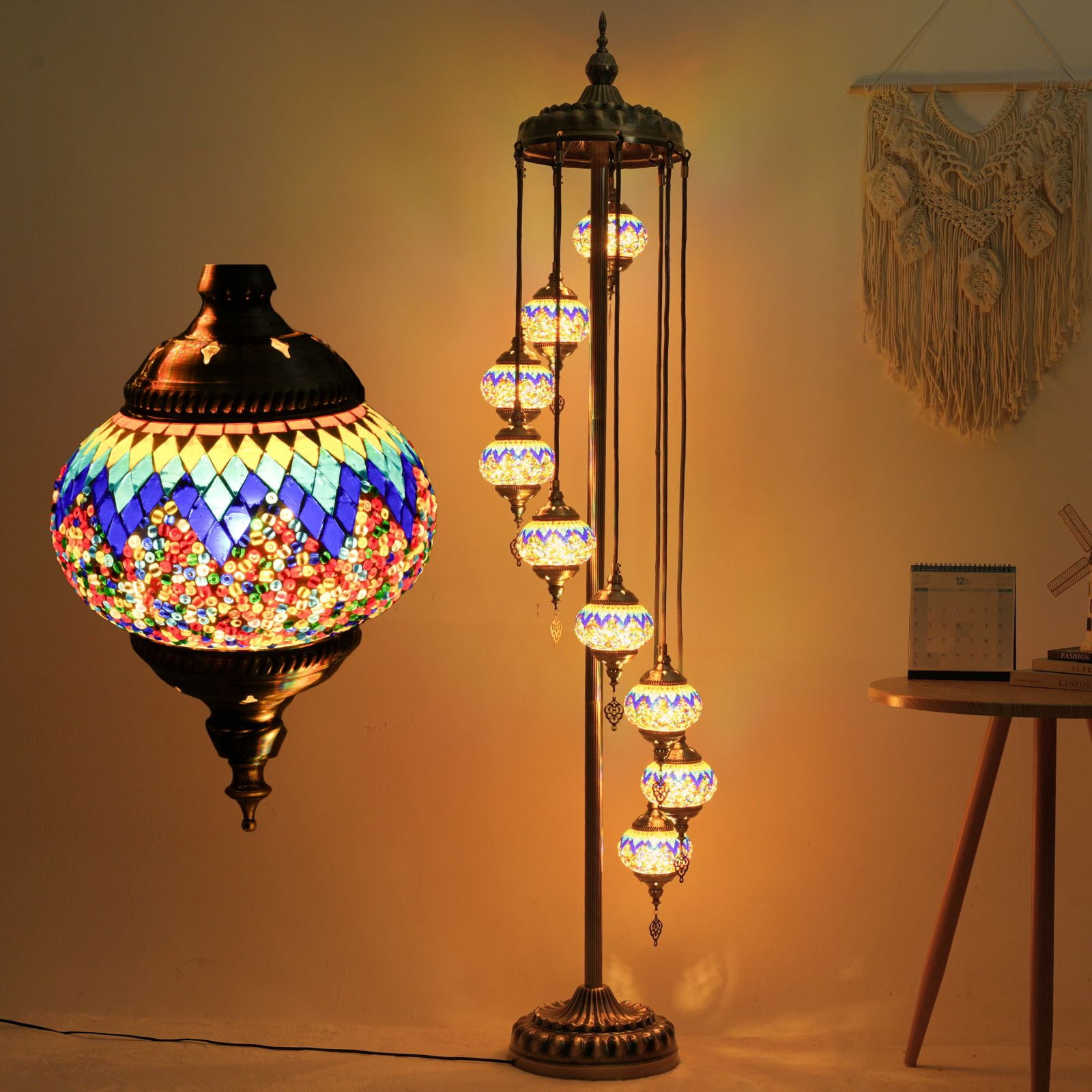 Turkish Mosaic Lamp 74in Tall Floor Standing Light,Handcrafted 9 Globe ， Moroccan Design, 5.2in Glass Spheres, No Tool Assembly, Traditional Artistry, Included E12 Bulb